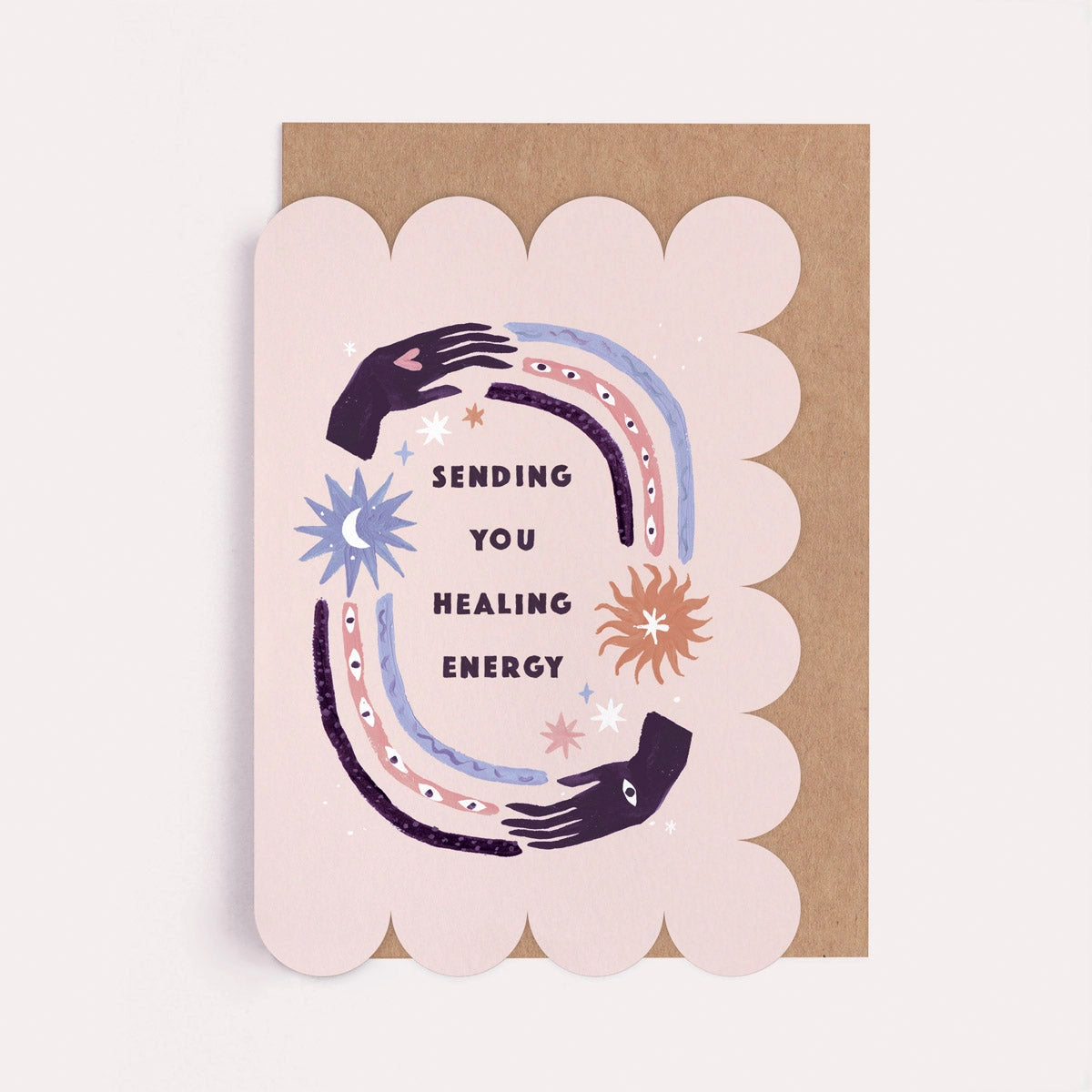 Rosa Gute-Besserung-Karte "Sending you healing energy" mit illustrierten Händen und Sternen, Detailansicht