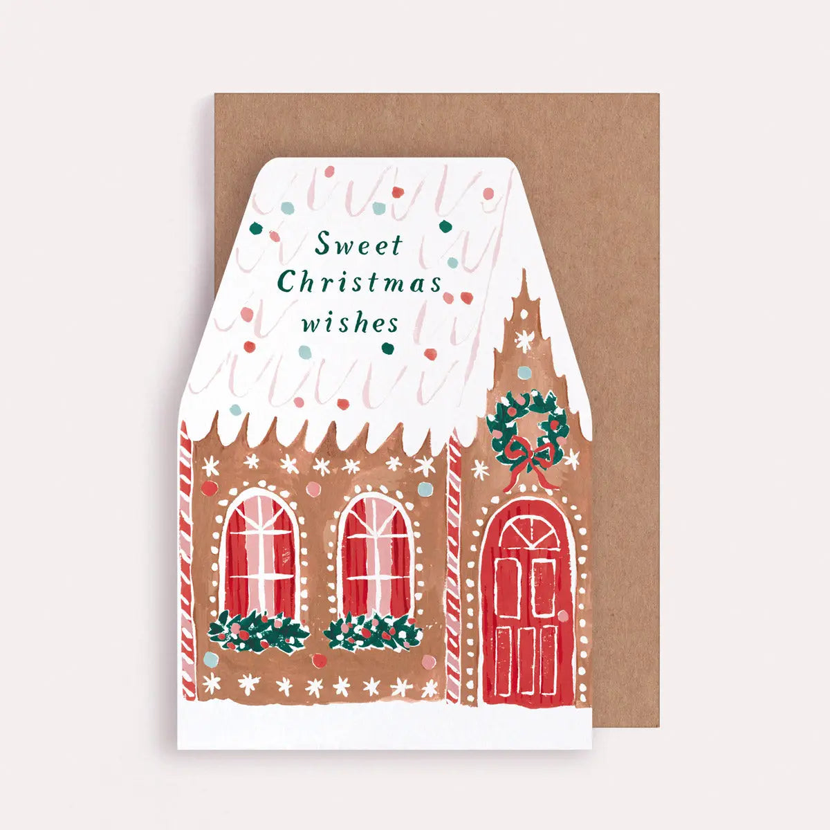 Lebkuchenhaus Weihnachtskarte mit roter Tür, Kranz und "Sweet Christmas wishes", Detailansicht
