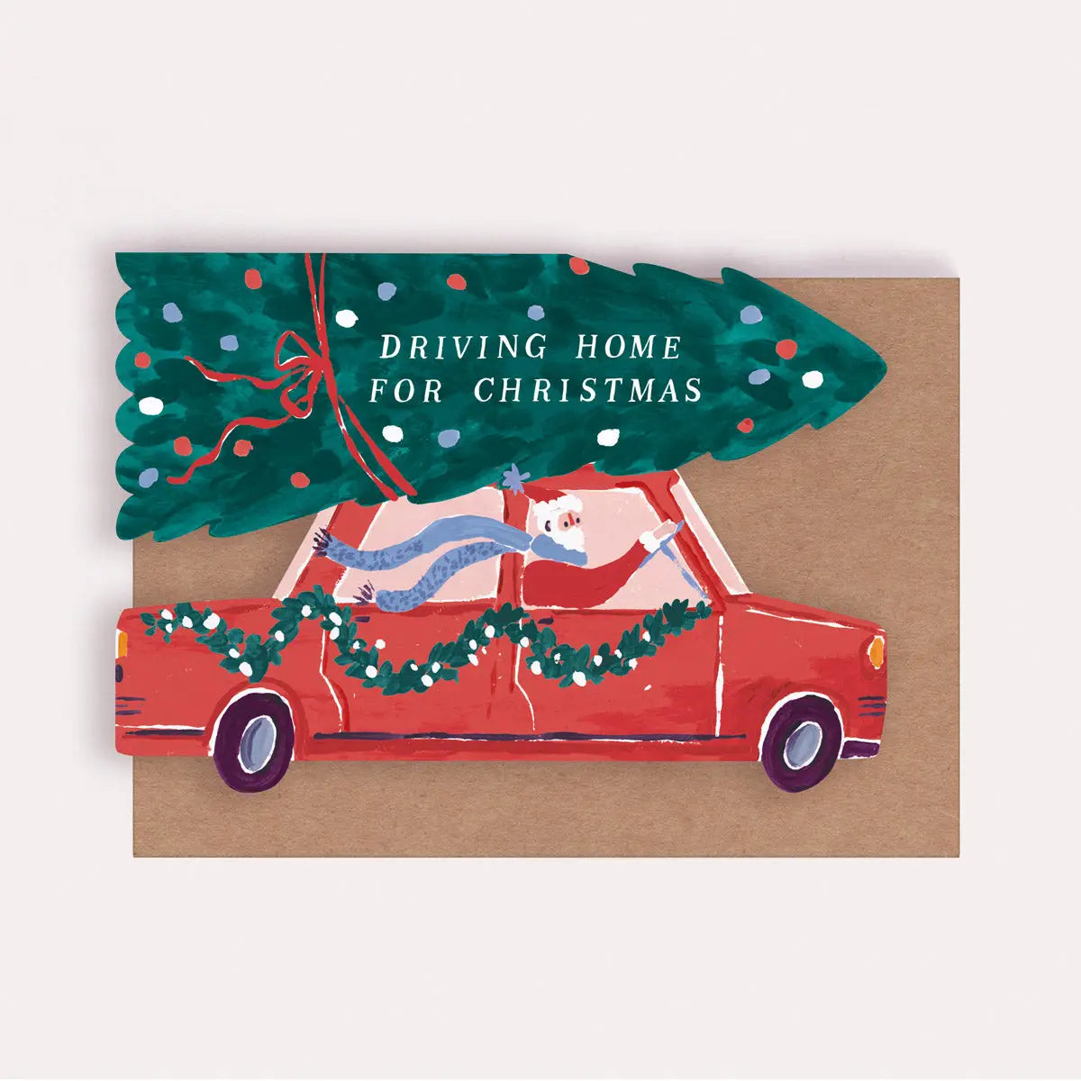 Weihnachtskarte rotes Auto mit Tannenbaum und Girlande, Aufschrift "Driving Home for Christmas", Detailansicht
